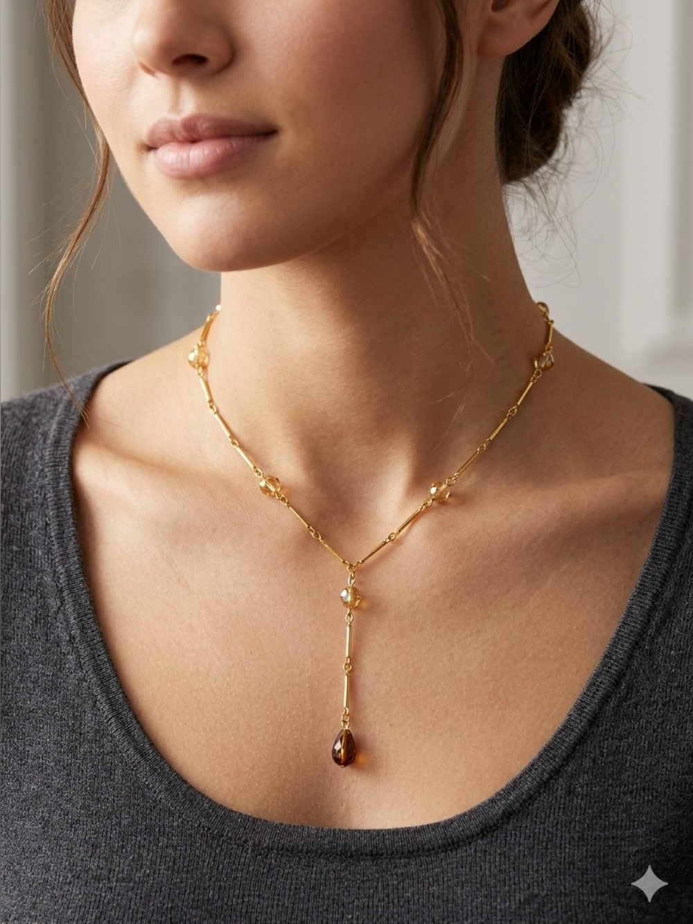 1980’s Y Lariat Necklace Gold Tone Topaz Glass Briolette Beaded 16” Vintage